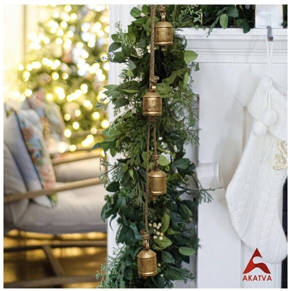 Rustic Tin Metal Cow Bells on Rope Wooden Clapper Christmas Decoration NEW!! - Picture 7 of 11